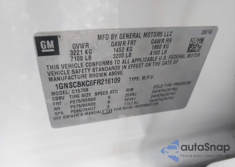 2015 Chevrolet Tahoe Lt из США, поврежденный, VIN 1GNSCBKC6FR216109